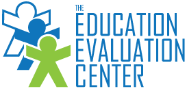 Education Evaluation Logo - three paper-cutouts of people in green, blue, and white.