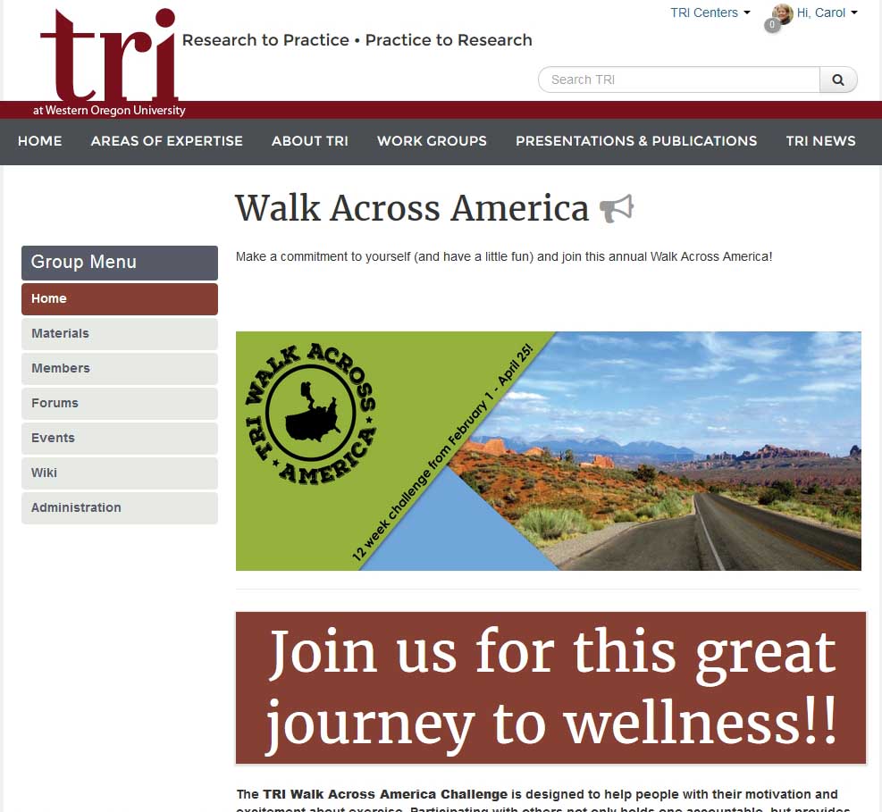 Screen grab of the TRI Walk Across America web page. It is the WAM logo and a photo of a long country road.