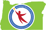 21st CCLC Logo - a green shape of Oregon on the background, a blue circle with a red human shape in the middle that looks to be flying. In the circle are the words